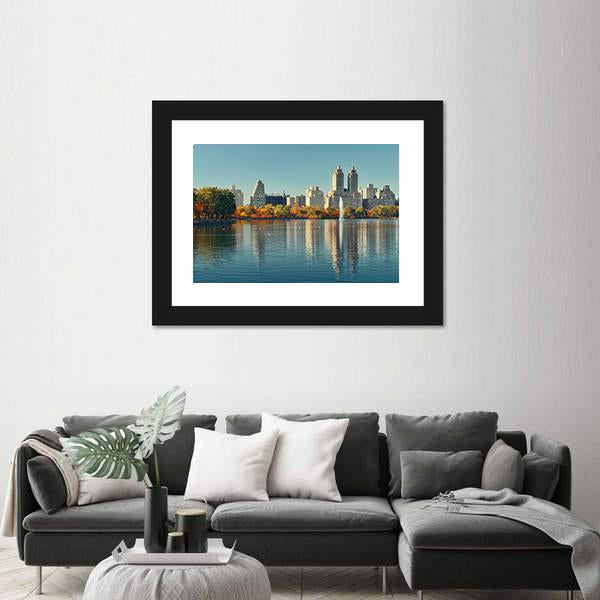 Skyscrapers Over Lake With Fountain In Manhattan Canvas Wall Art-3 Horizontal-Gallery Wrap-25" x 16"-Tiaracle