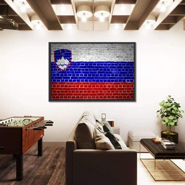 Slovenia Flag On A Brick Wall Canvas Wall Art-1 Piece-Floating Frame-24" x 16"-Tiaracle