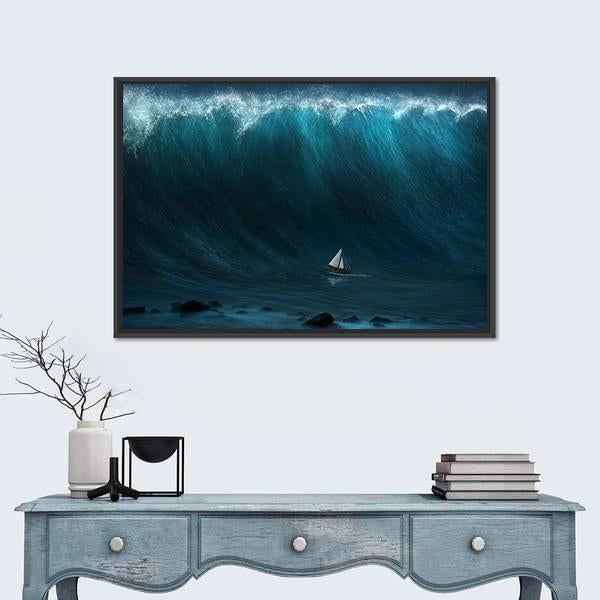 Small Boat Being Captured By A Large Wave Canvas Wall Art-1 Piece-Floating Frame-24" x 16"-Tiaracle