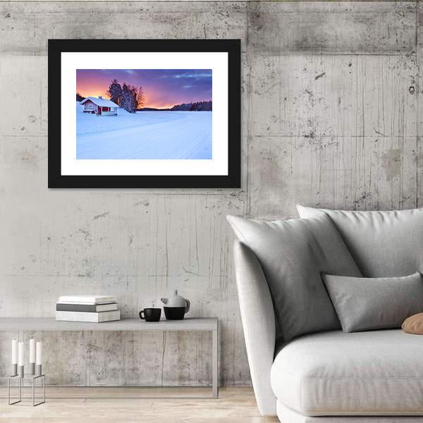 Small Cottage On The Edge Of A Frozen Lake Canvas Wall Art-3 Horizontal-Gallery Wrap-25" x 16"-Tiaracle