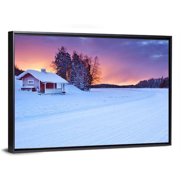 Small Cottage On The Edge Of A Frozen Lake Canvas Wall Art-3 Horizontal-Gallery Wrap-25" x 16"-Tiaracle