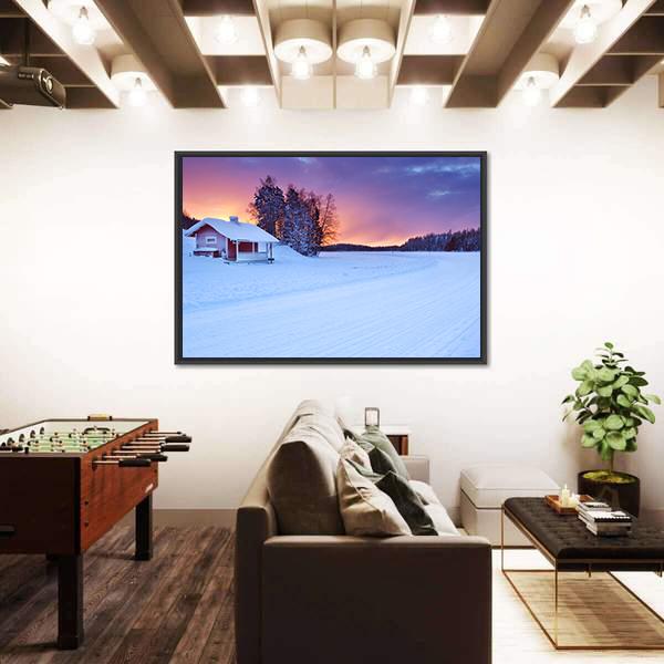Small Cottage On The Edge Of A Frozen Lake Canvas Wall Art-3 Horizontal-Gallery Wrap-25" x 16"-Tiaracle