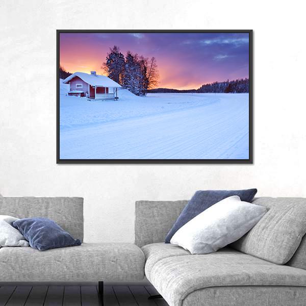 Small Cottage On The Edge Of A Frozen Lake Canvas Wall Art-3 Horizontal-Gallery Wrap-25" x 16"-Tiaracle