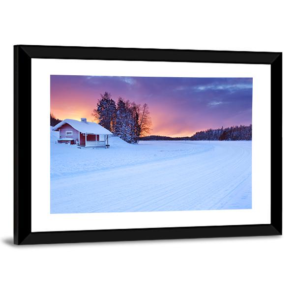 Small Cottage On The Edge Of A Frozen Lake Canvas Wall Art-3 Horizontal-Gallery Wrap-25" x 16"-Tiaracle