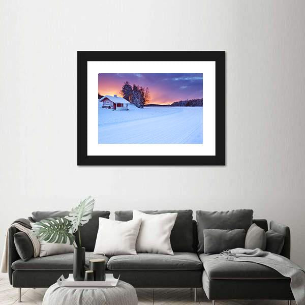 Small Cottage On The Edge Of A Frozen Lake Canvas Wall Art-3 Horizontal-Gallery Wrap-25" x 16"-Tiaracle