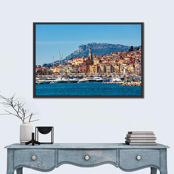 Small Harbor With Old Town Canvas Wall Art-1 Piece-Floating Frame-24" x 16"-Tiaracle