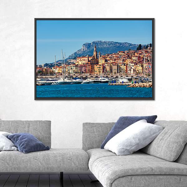 Small Harbor With Old Town Canvas Wall Art-3 Horizontal-Gallery Wrap-25" x 16"-Tiaracle