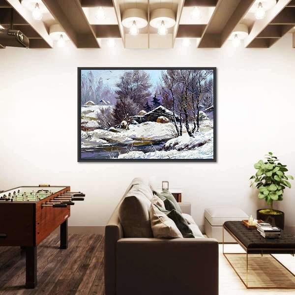 Small House In Winter Village Canvas Wall Art-1 Piece-Floating Frame-24" x 16"-Tiaracle
