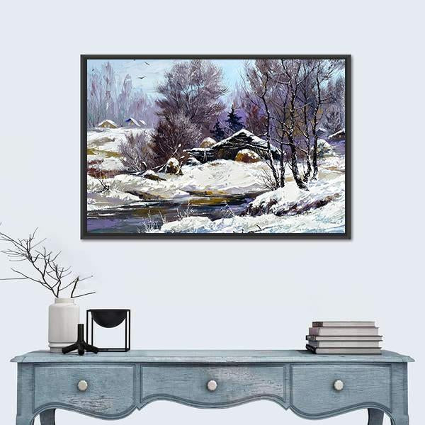 Small House In Winter Village Canvas Wall Art-5 Horizontal-Gallery Wrap-22" x 12"-Tiaracle