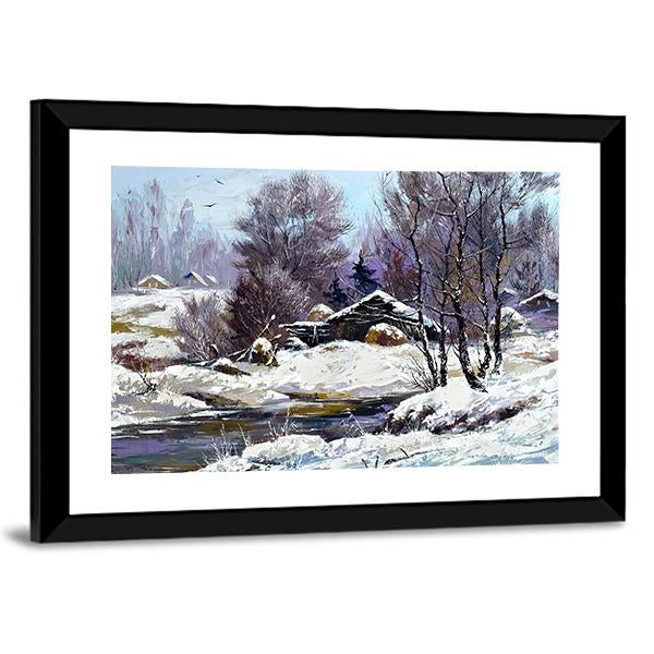Small House In Winter Village Canvas Wall Art-5 Horizontal-Gallery Wrap-22" x 12"-Tiaracle