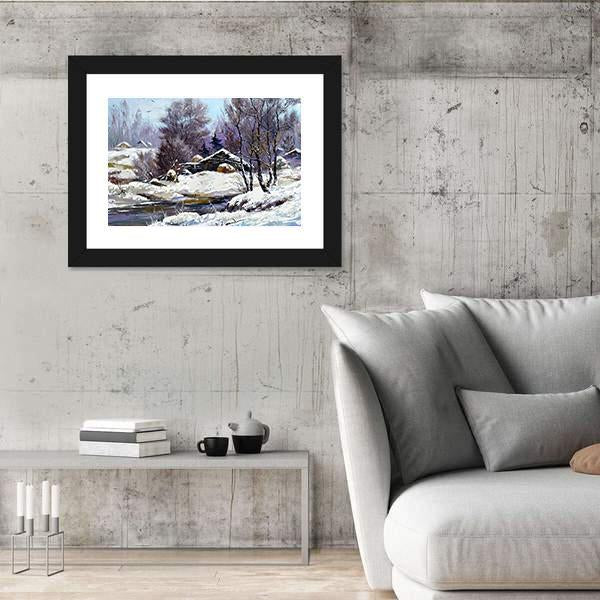 Small House In Winter Village Canvas Wall Art-5 Horizontal-Gallery Wrap-22" x 12"-Tiaracle