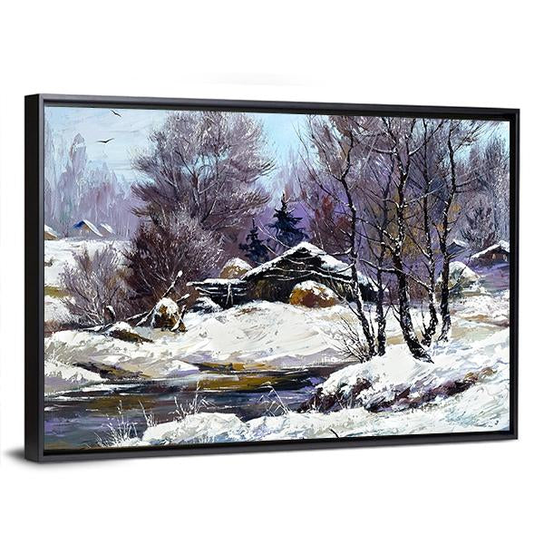 Small House In Winter Village Canvas Wall Art-5 Horizontal-Gallery Wrap-22" x 12"-Tiaracle
