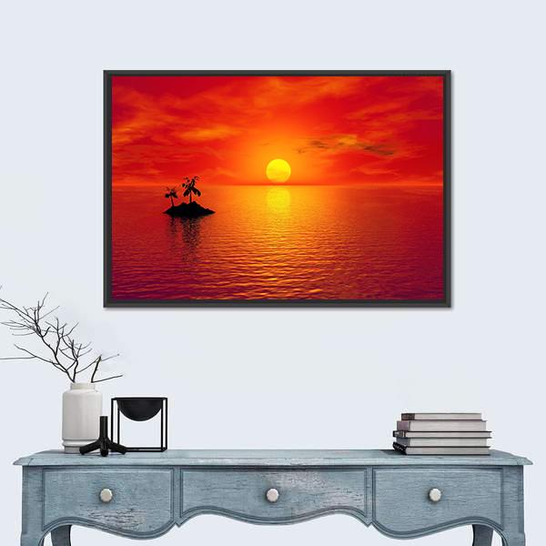 Small Island With Coconut Trees At Sunset Canvas Wall Art-1 Piece-Floating Frame-24" x 16"-Tiaracle