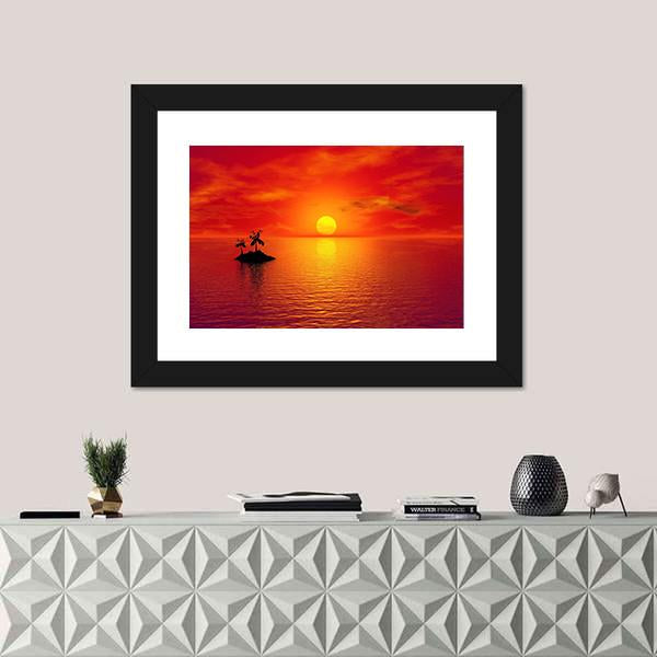 Small Island With Coconut Trees At Sunset Canvas Wall Art-1 Piece-Framed Print-20" x 16"-Tiaracle
