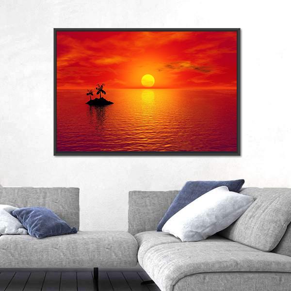 Small Island With Coconut Trees At Sunset Canvas Wall Art-3 Horizontal-Gallery Wrap-25" x 16"-Tiaracle