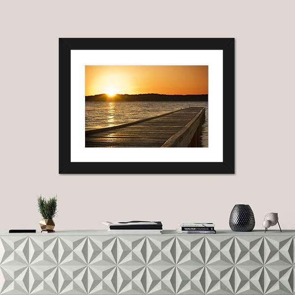 Small Jetty Sticks Out Onto The Lake At Sunrise Canvas Wall Art-1 Piece-Framed Print-20" x 16"-Tiaracle
