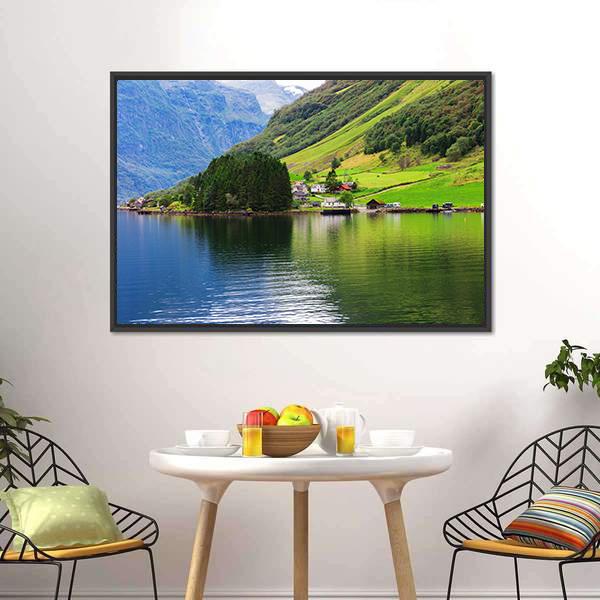 Small Town Near Lake Canvas Wall Art-1 Piece-Floating Frame-24" x 16"-Tiaracle