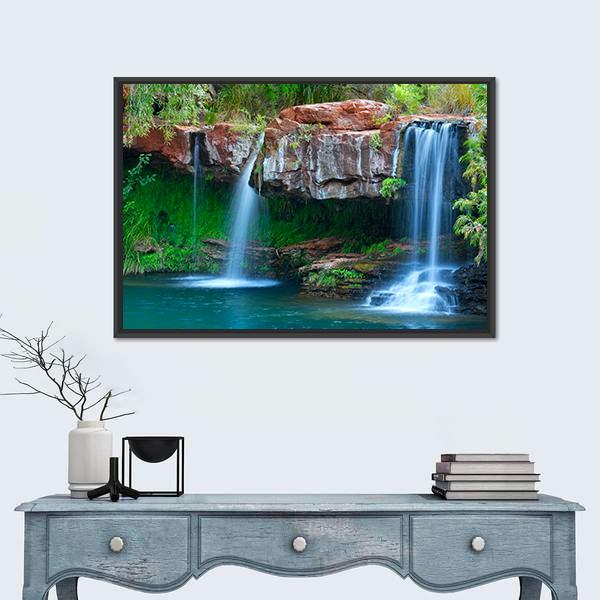 Small Waterfall Flowing Into The Fern Pool Australia Canvas Wall Art-1 Piece-Floating Frame-36" x 24"-Tiaracle