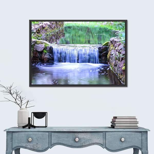 Small Waterfall In The Forest Canvas Wall Art-1 Piece-Floating Frame-36" x 24"-Tiaracle