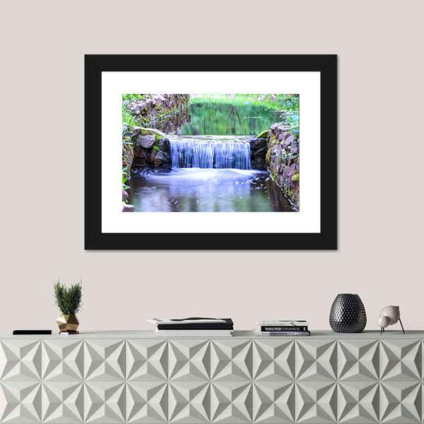 Small Waterfall In The Forest Canvas Wall Art-1 Piece-Framed Print-30" x 20"-Tiaracle