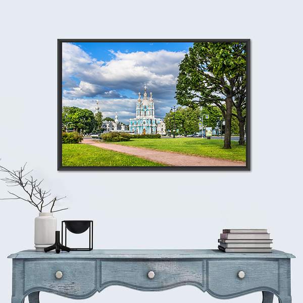Smolny Cathedral On A Summer Sunny Day Canvas Wall Art-1 Piece-Floating Frame-24" x 16"-Tiaracle