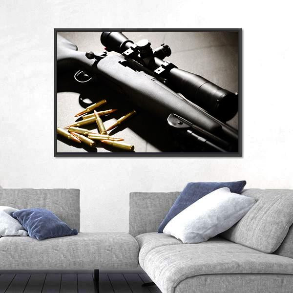 Sniper Rifle With Bullets Canvas Wall Art-3 Horizontal-Gallery Wrap-25" x 16"-Tiaracle