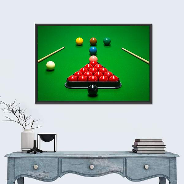 Snooker Balls Set On A Green Table Canvas Wall Art-5 Horizontal-Gallery Wrap-22&quot; x 12&quot;-Tiaracle