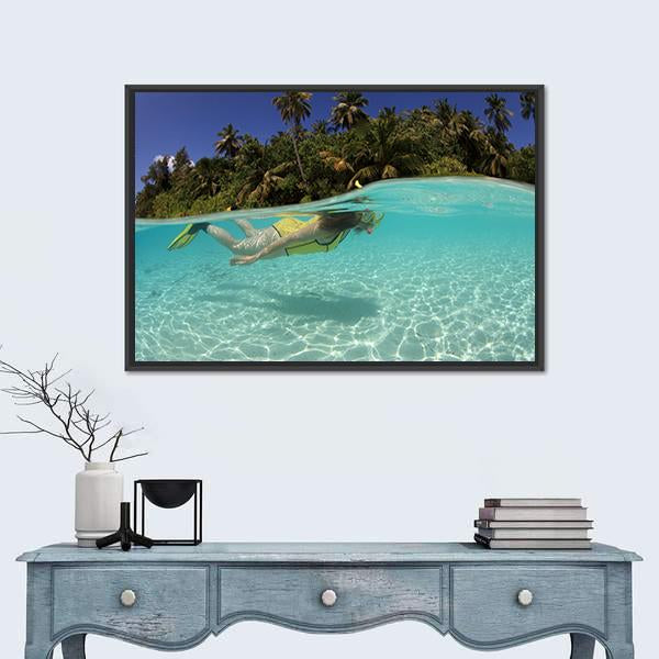 Snorkeler Diving In Blue Lagoon Canvas Wall Art-1 Piece-Floating Frame-24" x 16"-Tiaracle