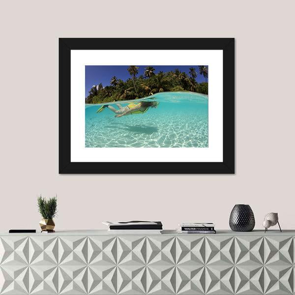 Snorkeler Diving In Blue Lagoon Canvas Wall Art-1 Piece-Framed Print-20" x 16"-Tiaracle