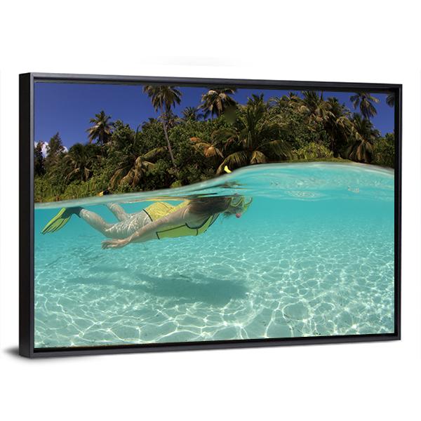 Snorkeler Diving In Blue Lagoon Canvas Wall Art-3 Horizontal-Gallery Wrap-25" x 16"-Tiaracle