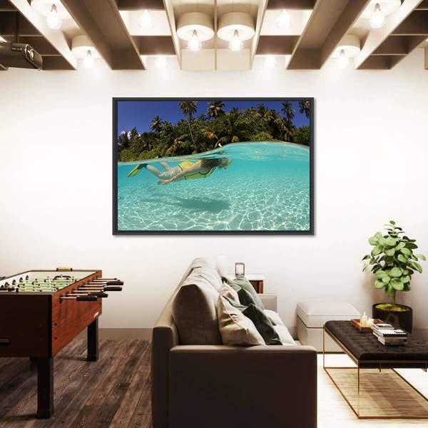 Snorkeler Diving In Blue Lagoon Canvas Wall Art-3 Horizontal-Gallery Wrap-25" x 16"-Tiaracle