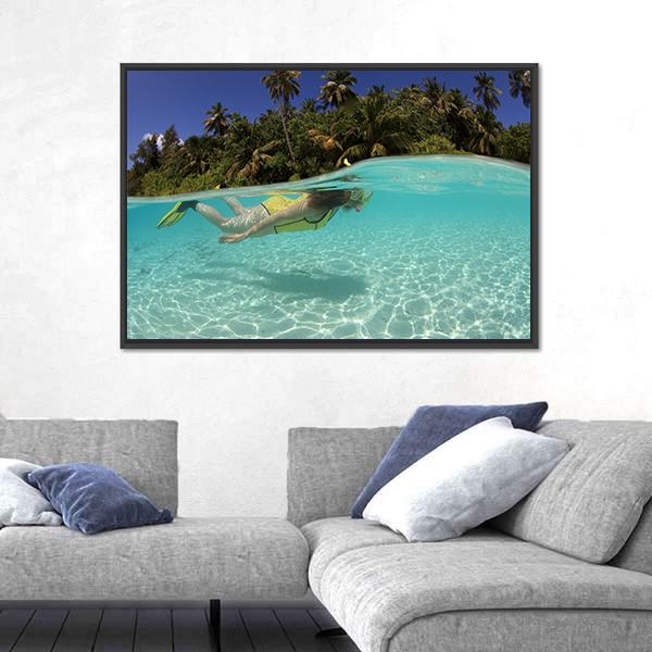 Snorkeler Diving In Blue Lagoon Canvas Wall Art-3 Horizontal-Gallery Wrap-25" x 16"-Tiaracle