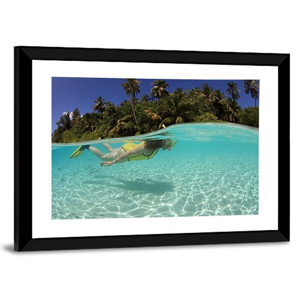 Snorkeler Diving In Blue Lagoon Canvas Wall Art-3 Horizontal-Gallery Wrap-25" x 16"-Tiaracle