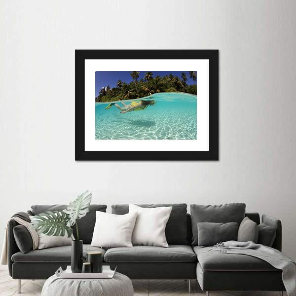 Snorkeler Diving In Blue Lagoon Canvas Wall Art-3 Horizontal-Gallery Wrap-25" x 16"-Tiaracle