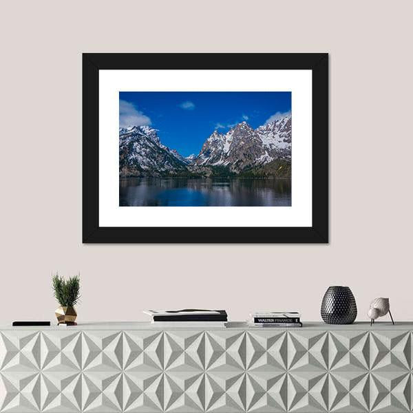 Snow Capped Mountain Reflection In Lake Canvas Wall Art-1 Piece-Framed Print-20" x 16"-Tiaracle