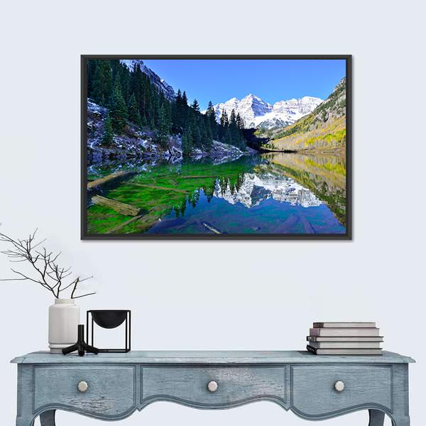 Snow Covered Mountains Reflecting In The Lake Canvas Wall Art-1 Piece-Floating Frame-24&quot; x 16&quot;-Tiaracle