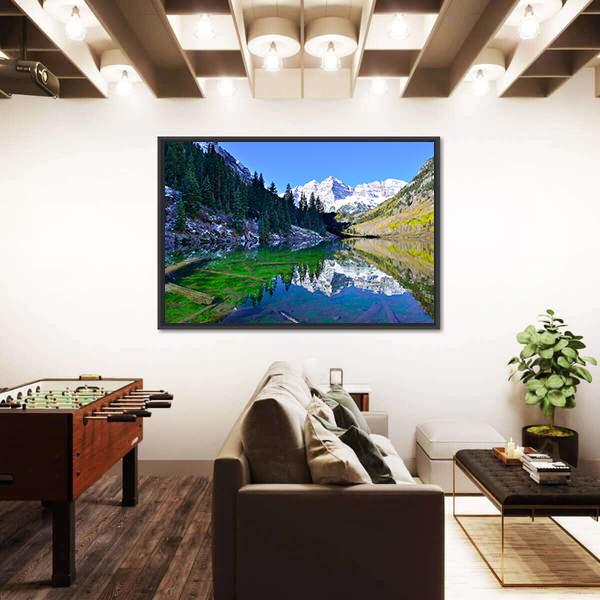 Snow Covered Mountains Reflecting In The Lake Canvas Wall Art-3 Horizontal-Gallery Wrap-25&quot; x 16&quot;-Tiaracle