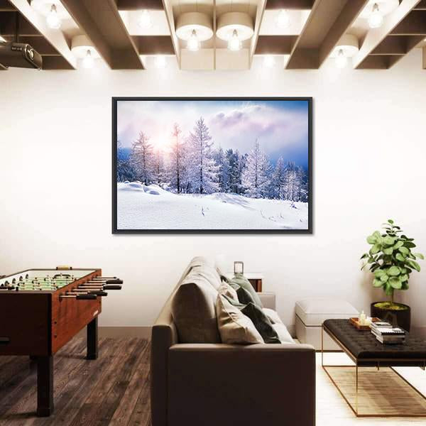 Snow Covered Trees In The Mountains At Sunset Canvas Wall Art-1 Piece-Floating Frame-36" x 24"-Tiaracle