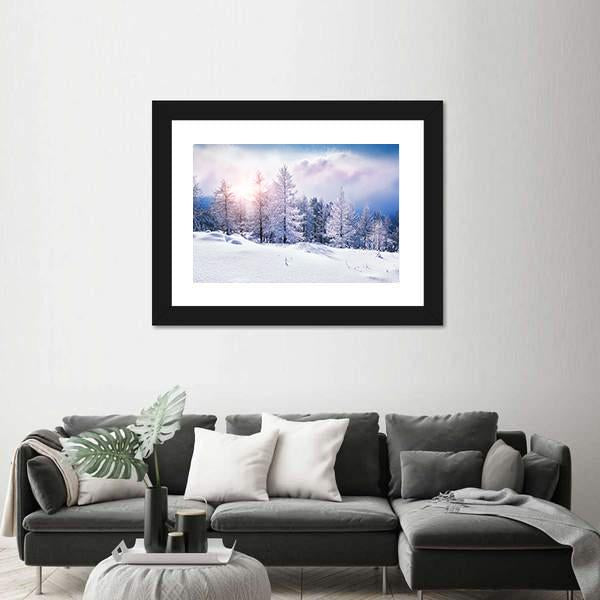 Snow Covered Trees In The Mountains At Sunset Canvas Wall Art-1 Piece-Framed Print-30" x 20"-Tiaracle