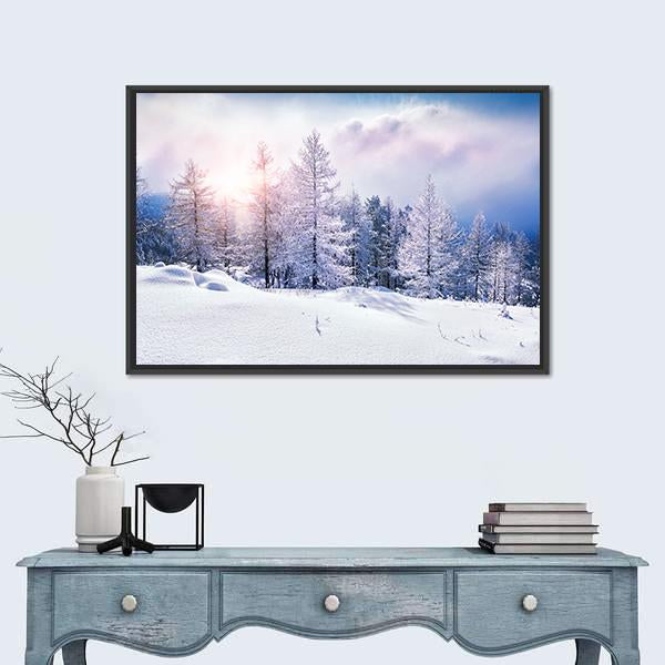Snow Covered Trees In The Mountains At Sunset Canvas Wall Art-5 Horizontal-Gallery Wrap-22" x 12"-Tiaracle