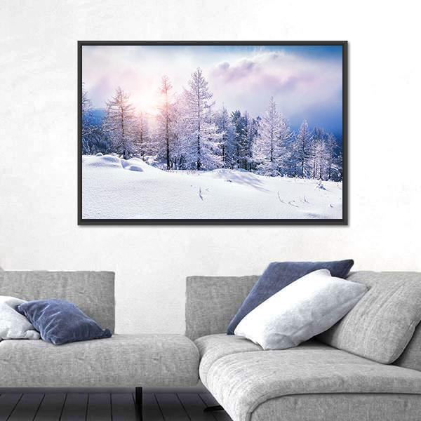 Snow Covered Trees In The Mountains At Sunset Canvas Wall Art-5 Horizontal-Gallery Wrap-22" x 12"-Tiaracle