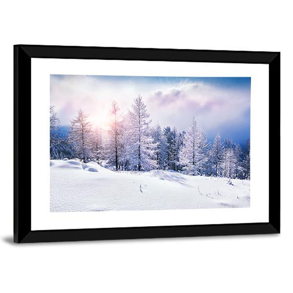 Snow Covered Trees In The Mountains At Sunset Canvas Wall Art-5 Horizontal-Gallery Wrap-22" x 12"-Tiaracle