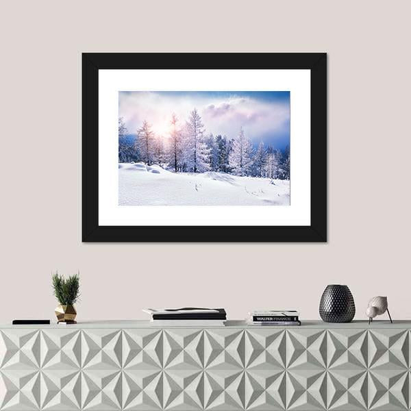 Snow Covered Trees In The Mountains At Sunset Canvas Wall Art-5 Horizontal-Gallery Wrap-22" x 12"-Tiaracle
