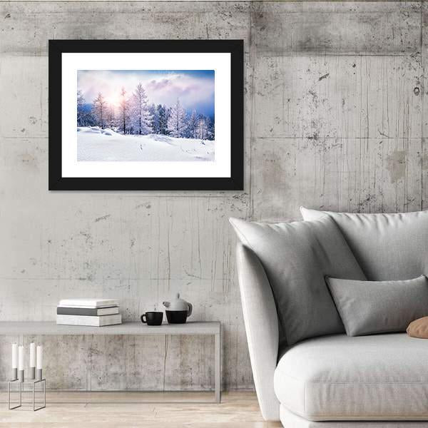 Snow Covered Trees In The Mountains At Sunset Canvas Wall Art-5 Horizontal-Gallery Wrap-22" x 12"-Tiaracle
