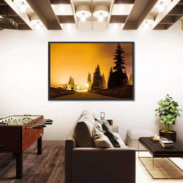 Snow On Trees In Street Light Canvas Wall Art-5 Horizontal-Gallery Wrap-22" x 12"-Tiaracle