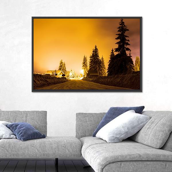 Snow On Trees In Street Light Canvas Wall Art-5 Horizontal-Gallery Wrap-22" x 12"-Tiaracle
