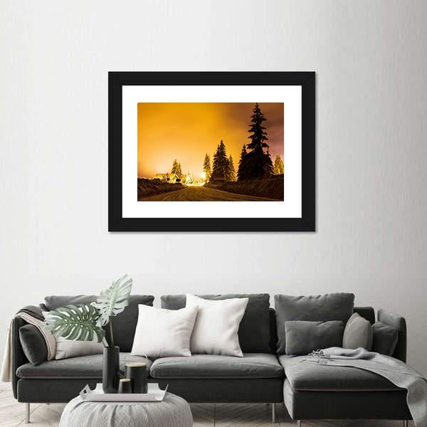 Snow On Trees In Street Light Canvas Wall Art-5 Horizontal-Gallery Wrap-22" x 12"-Tiaracle