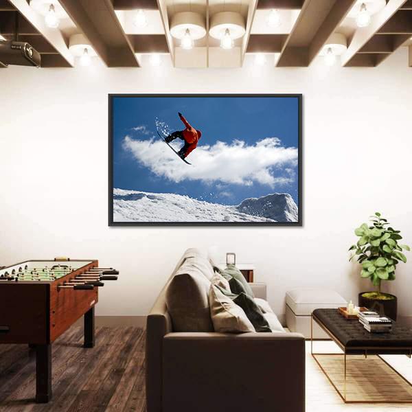 Snowboarder Jump From Snow Ramp Canvas Wall Art-1 Piece-Floating Frame-24" x 16"-Tiaracle