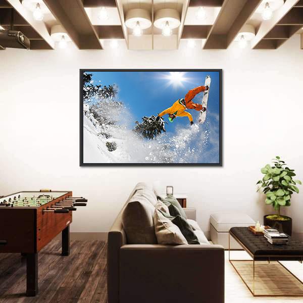Snowboarder Jumping Against Blue Sky Canvas Wall Art-1 Piece-Floating Frame-24" x 16"-Tiaracle