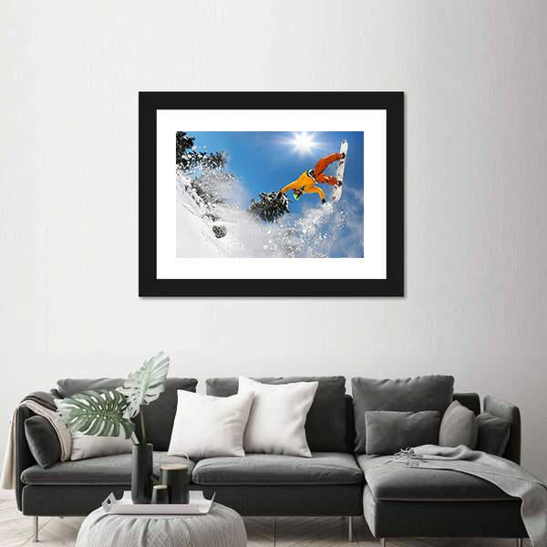 Snowboarder Jumping Against Blue Sky Canvas Wall Art-1 Piece-Framed Print-20" x 16"-Tiaracle
